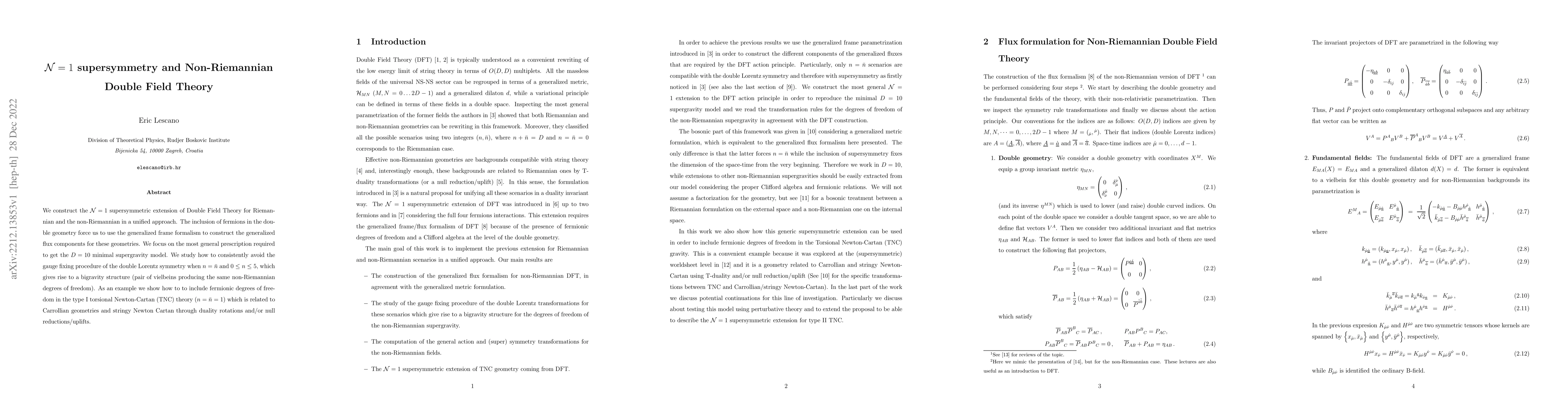 Thumbnail for ${\cal N}=1$ supersymmetry and Non-Riemannian Double Field Theory