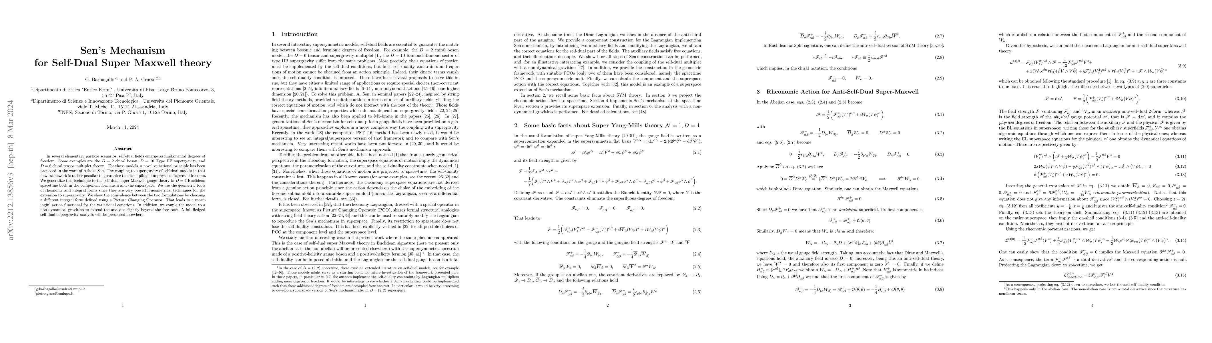 Thumbnail for Sen's Mechanism for Self-Dual Super Maxwell theory