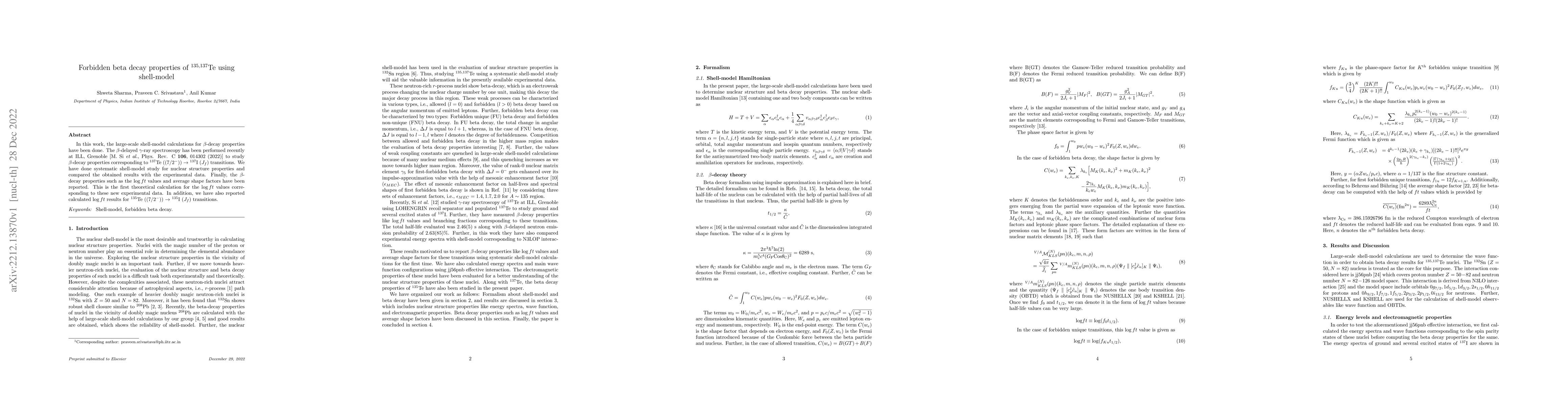 Thumbnail for Forbidden beta decay properties of $^{135,137}$Te using shell-model