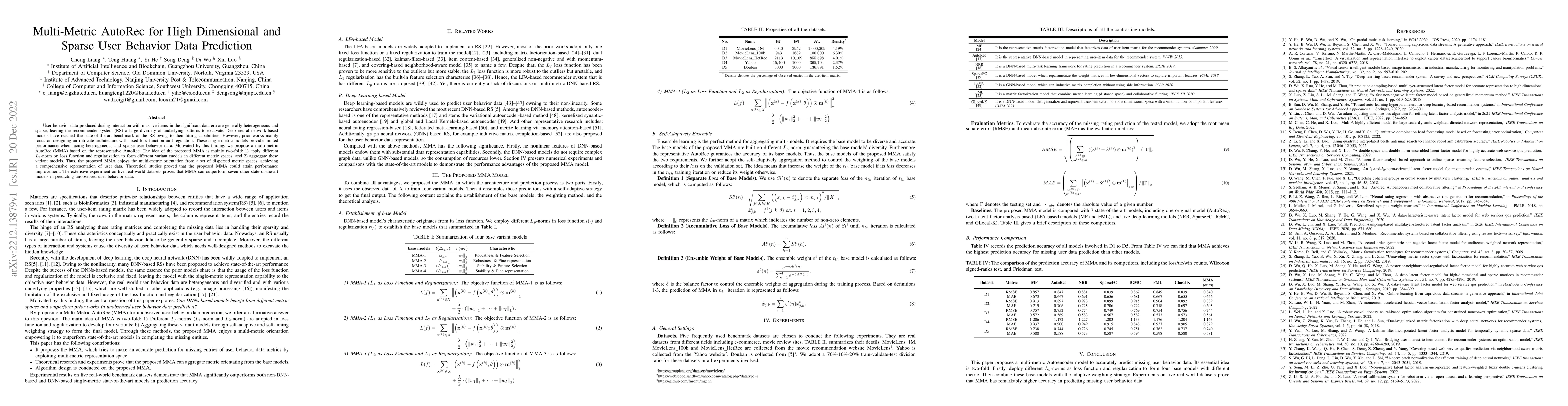 Thumbnail for Multi-Metric AutoRec for High Dimensional and Sparse User Behavior Data
  Prediction