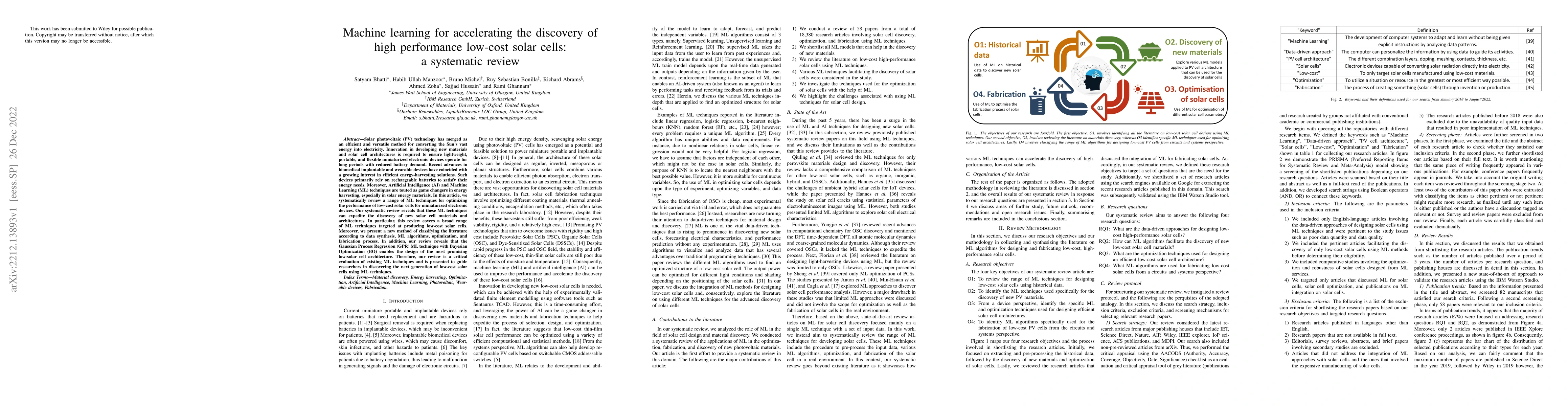 Thumbnail for Machine learning for accelerating the discovery of high performance
  low-cost solar cells: a systematic review