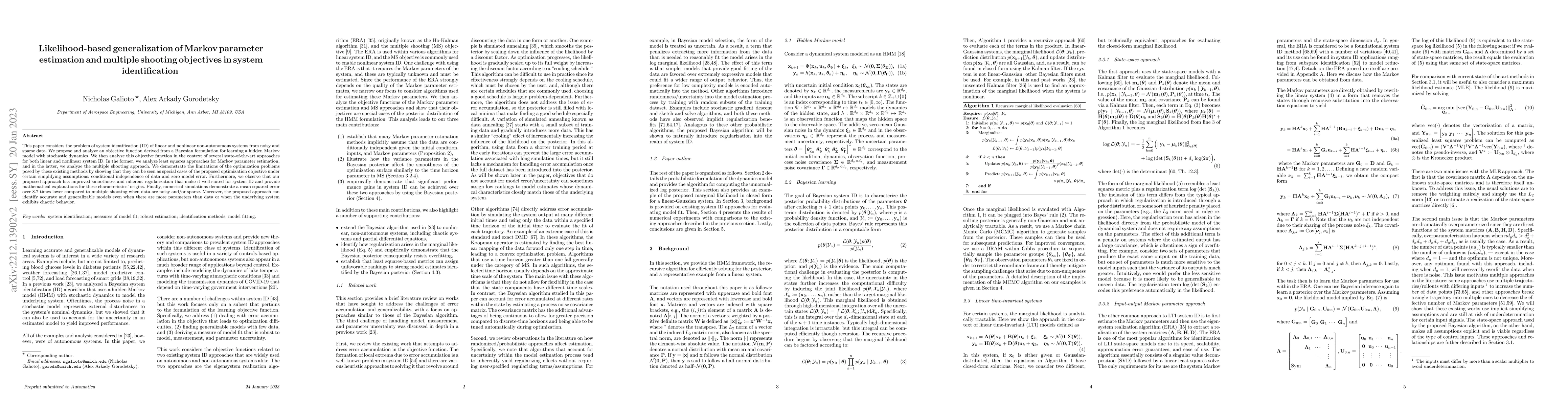 Thumbnail for Likelihood-based generalization of Markov parameter estimation and
  multiple shooting objectives in system identification