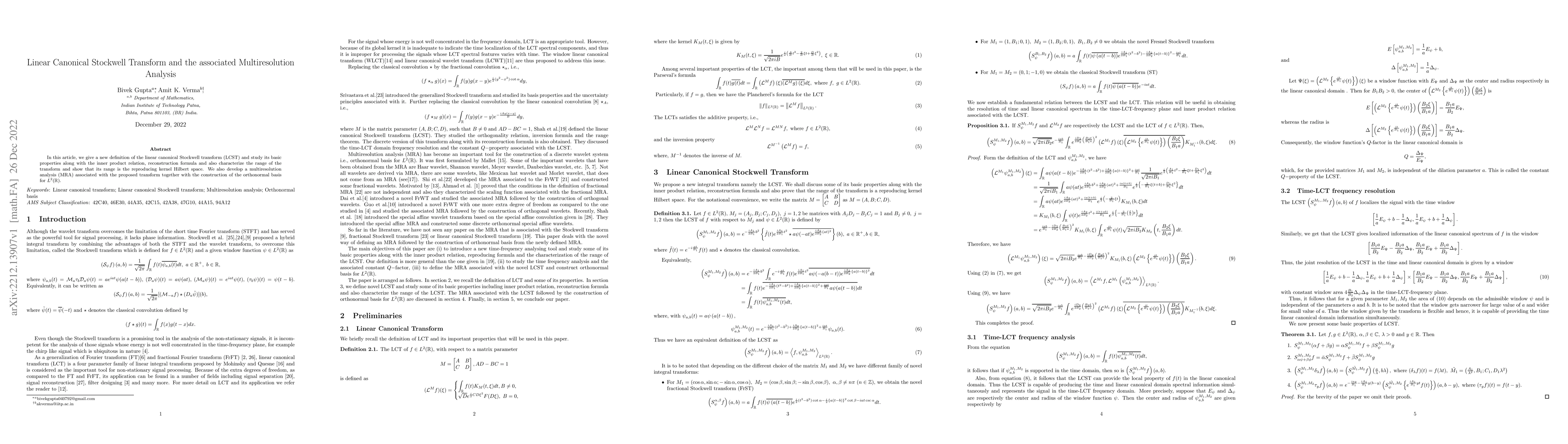 Thumbnail for Linear Canonical Stockwell Transform and the associated Multiresolution
  Analysis
