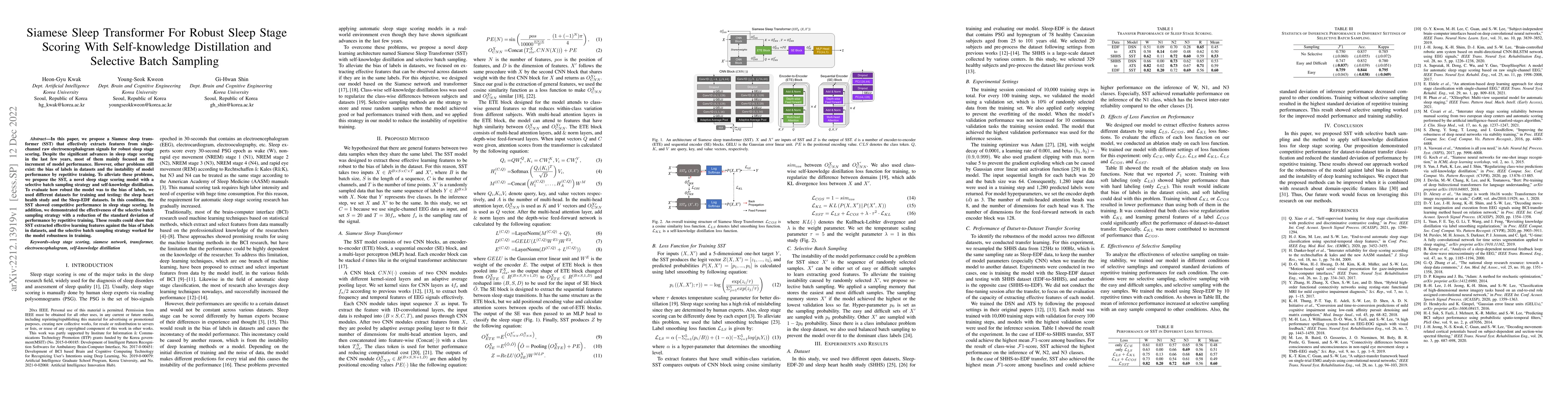 Thumbnail for Siamese Sleep Transformer For Robust Sleep Stage Scoring With
  Self-knowledge Distillation and Selective Batch Sampling