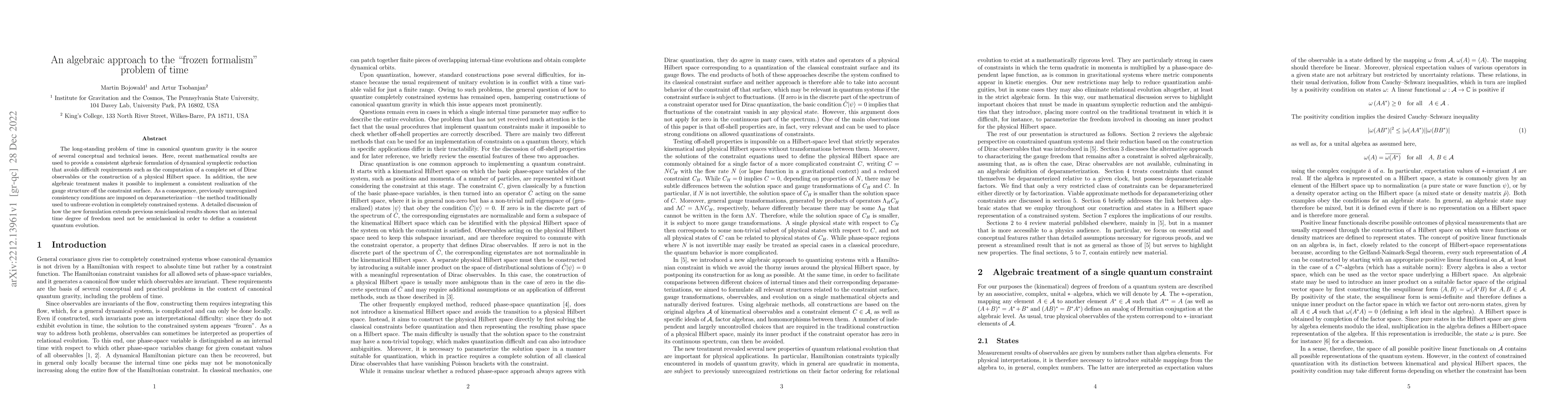 Thumbnail for An algebraic approach to the "frozen formalism" problem of time