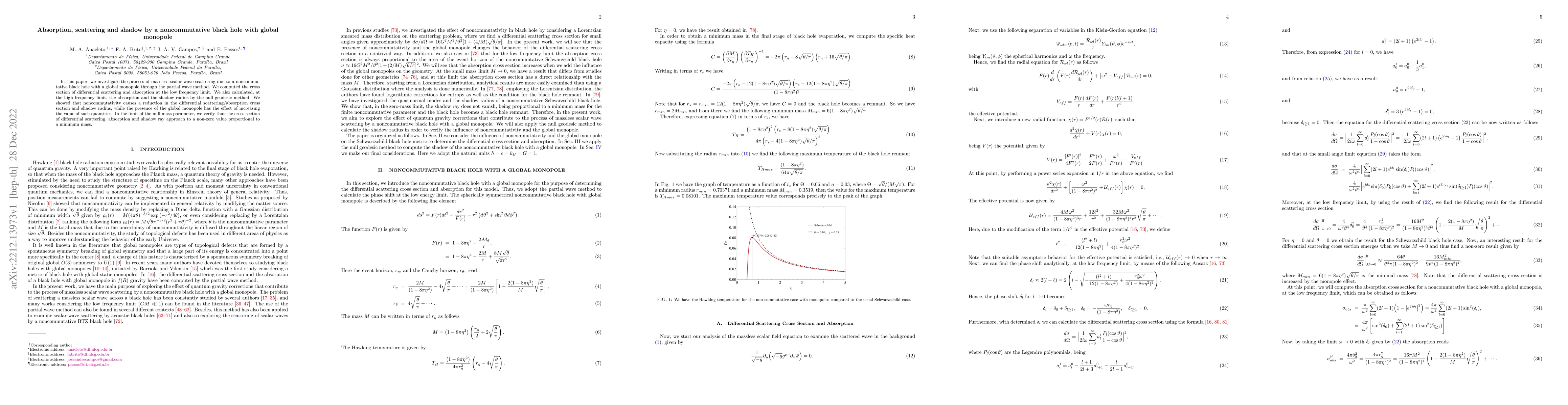 Thumbnail for Absorption, scattering and shadow by a noncommutative black hole with
  global monopole