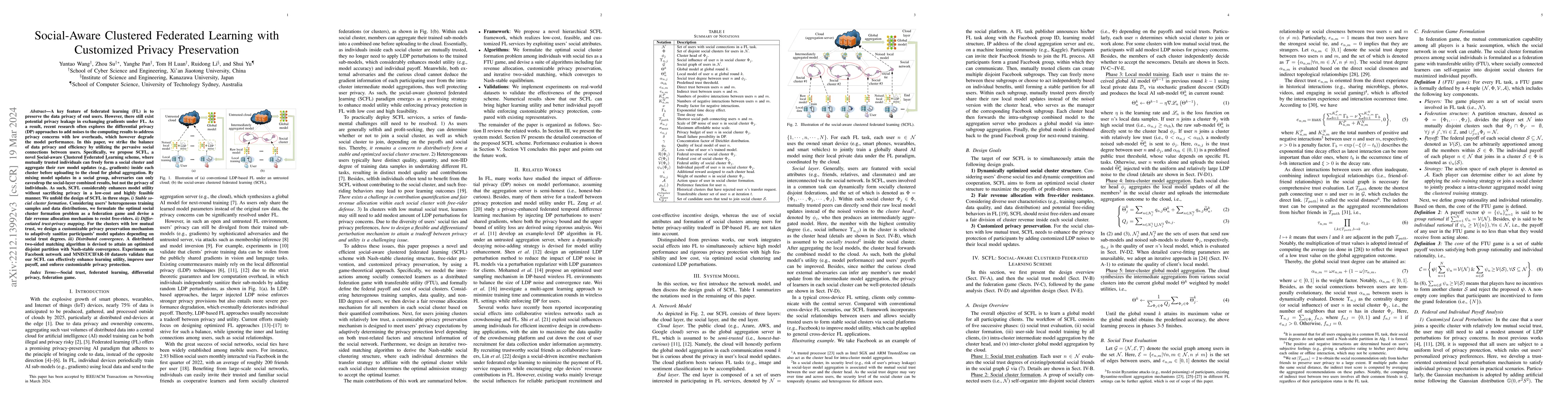 Thumbnail for Social-Aware Clustered Federated Learning with Customized Privacy
  Preservation