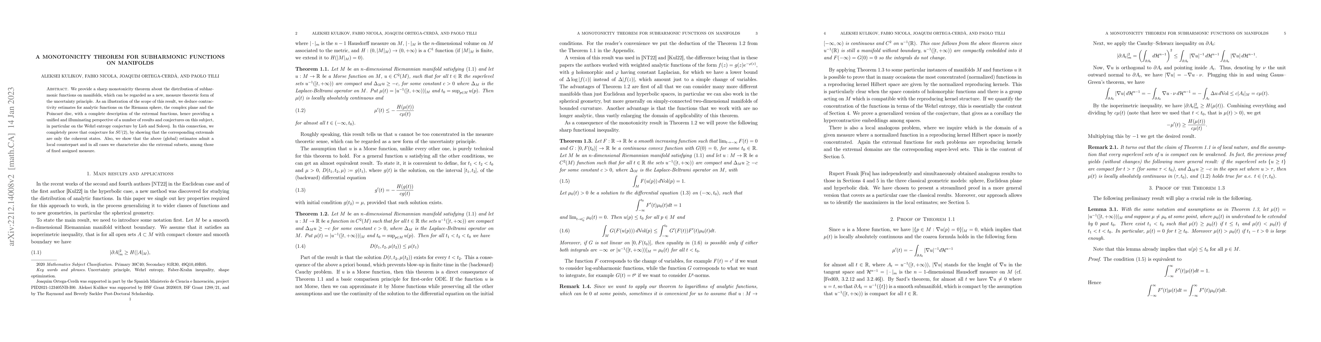 Thumbnail for A monotonicity theorem for subharmonic functions on manifolds