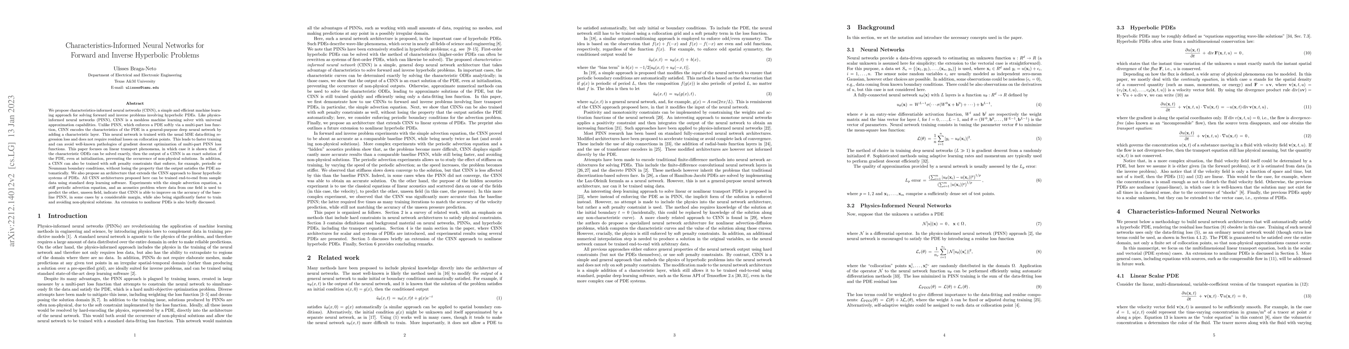 Thumbnail for Characteristics-Informed Neural Networks for Forward and Inverse
  Hyperbolic Problems
