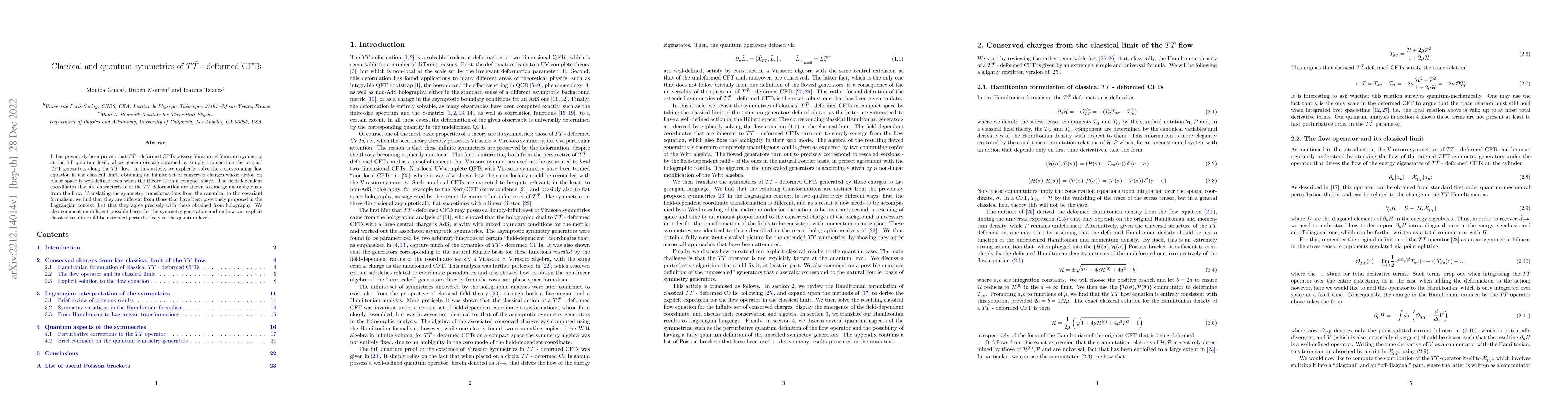 Thumbnail for Classical and quantum symmetries of $T\bar T$-deformed CFTs