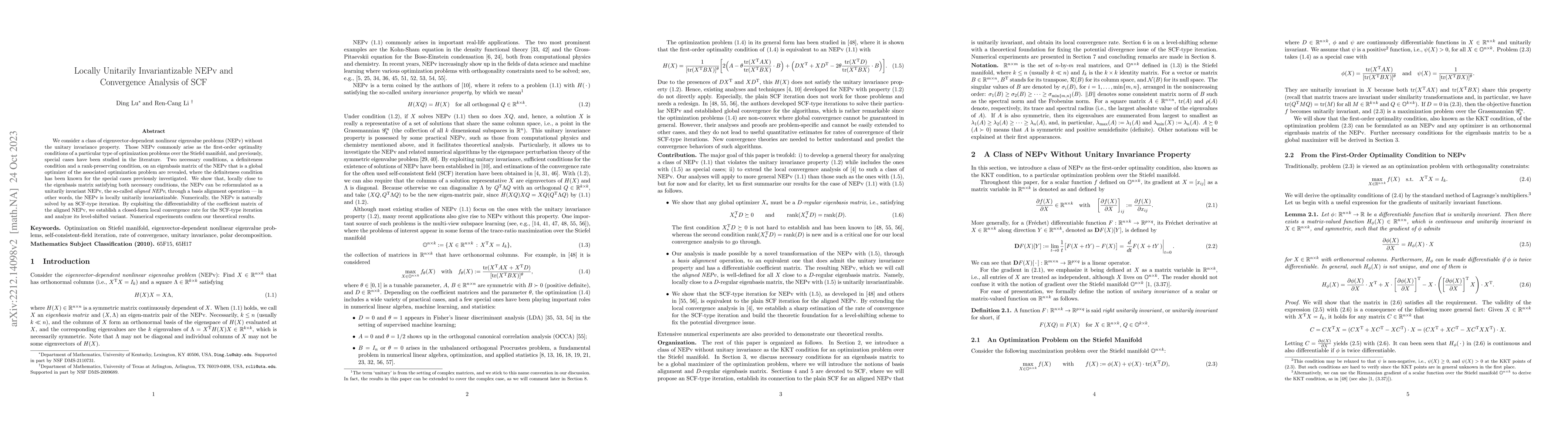 Thumbnail for Locally Unitarily Invariantizable NEPv and Convergence Analysis of SCF