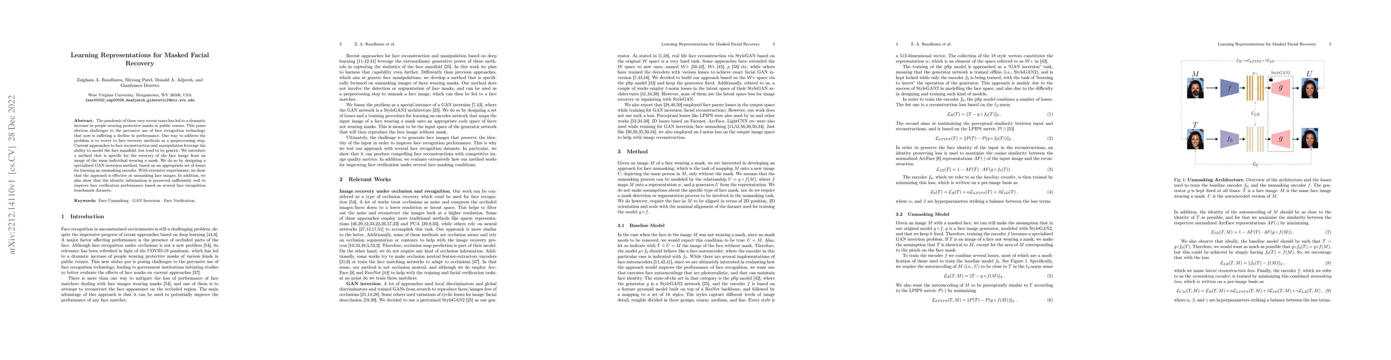 Thumbnail for Learning Representations for Masked Facial Recovery