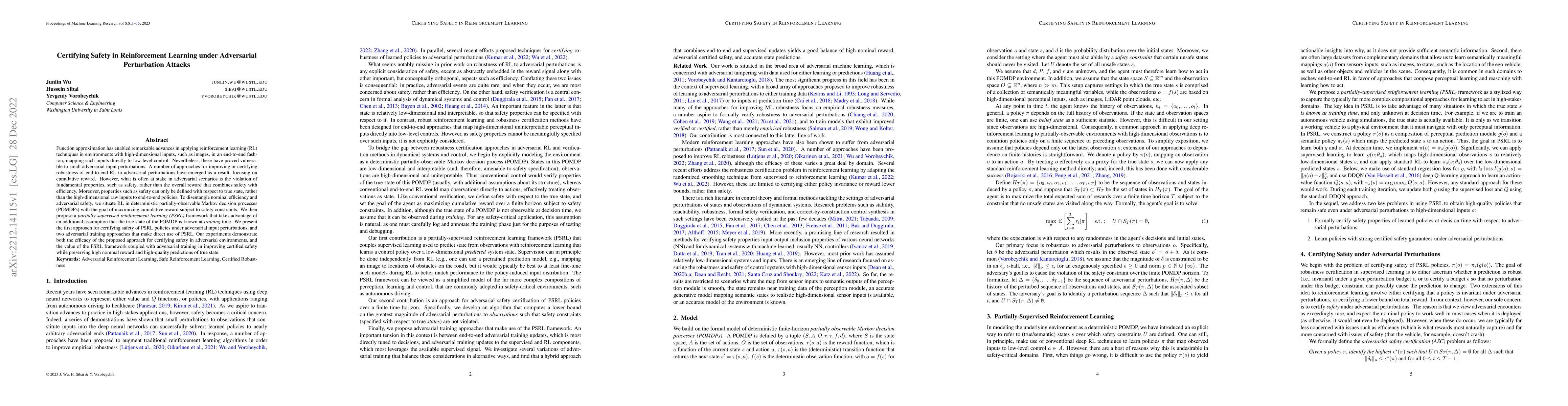 Thumbnail for Certifying Safety in Reinforcement Learning under Adversarial
  Perturbation Attacks