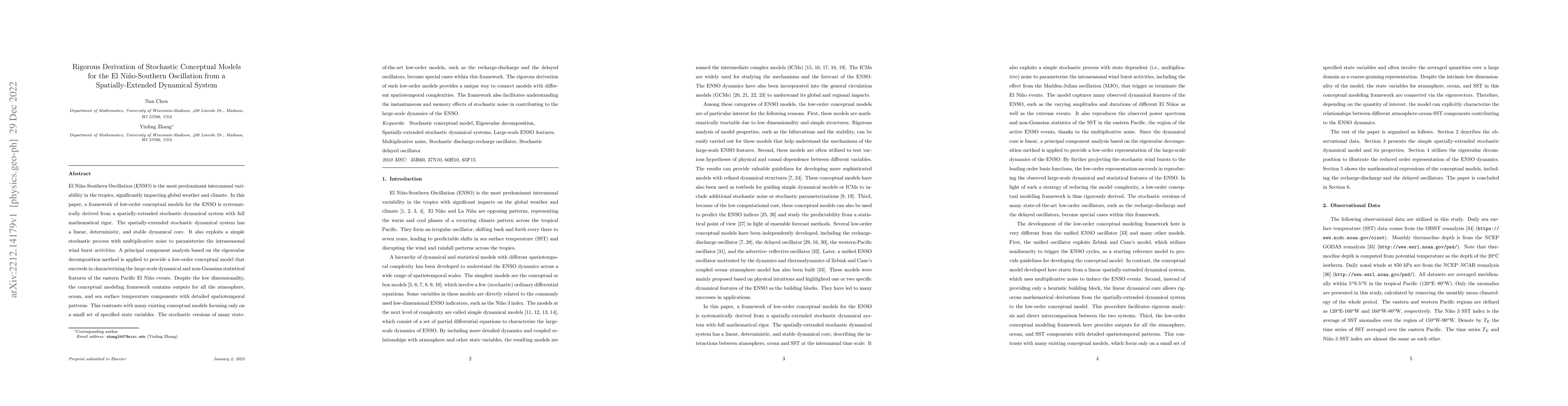 Thumbnail for Rigorous Derivation of Stochastic Conceptual Models for the El
  Ni\~no-Southern Oscillation from a Spatially-Extended Dynamical System
