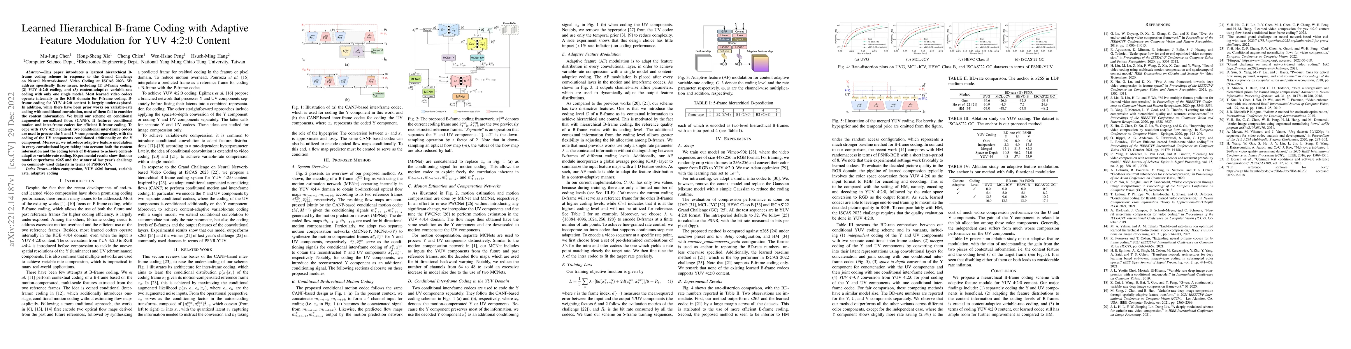 Thumbnail for Learned Hierarchical B-frame Coding with Adaptive Feature Modulation for
  YUV 4:2:0 Content