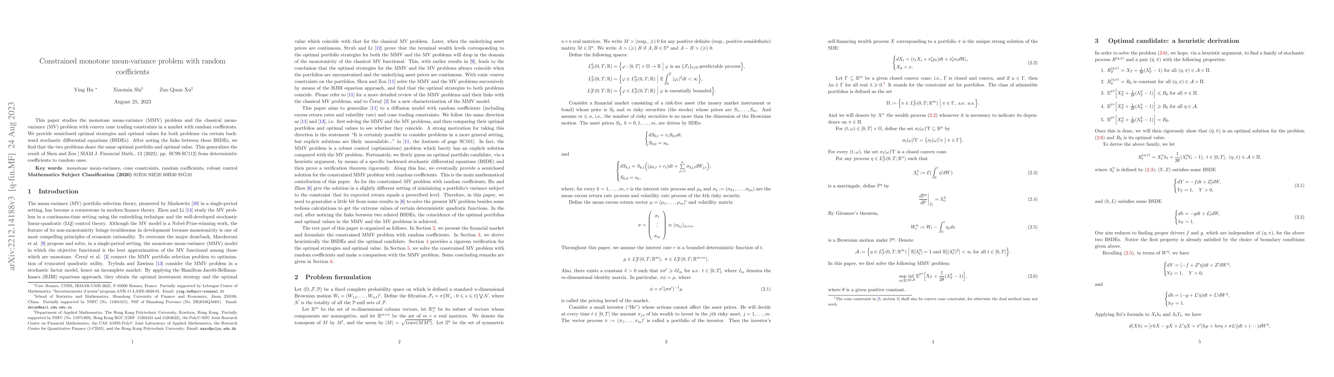 Thumbnail for Constrained monotone mean-variance problem with random coefficients