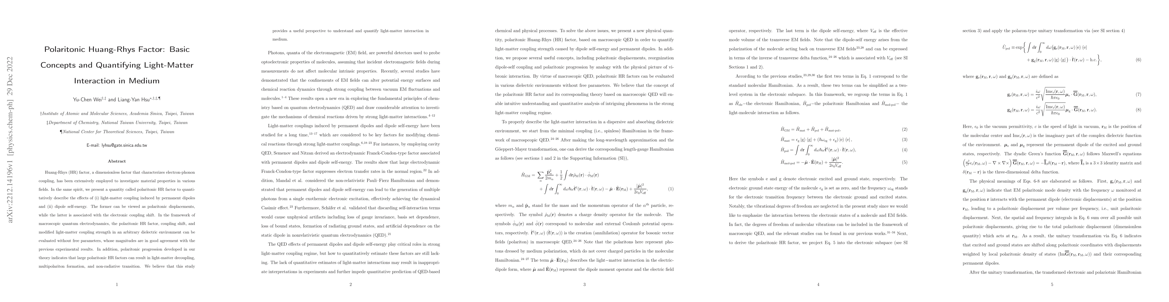 Thumbnail for Polaritonic Huang-Rhys Factor: Basic Concepts and Quantifying
  Light-Matter Interaction in Medium