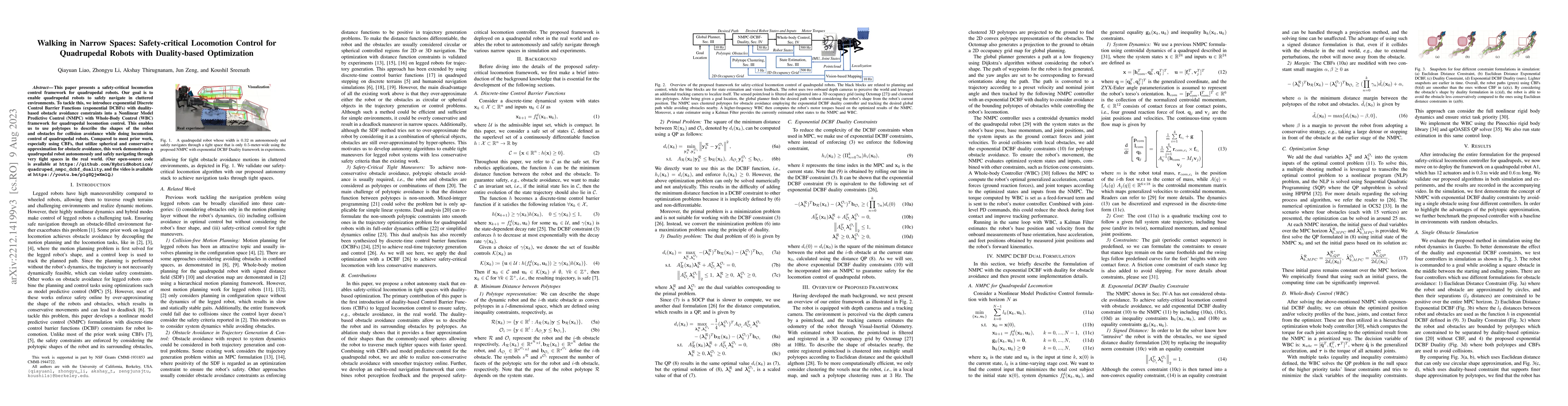Thumbnail for Walking in Narrow Spaces: Safety-critical Locomotion Control for
  Quadrupedal Robots with Duality-based Optimization