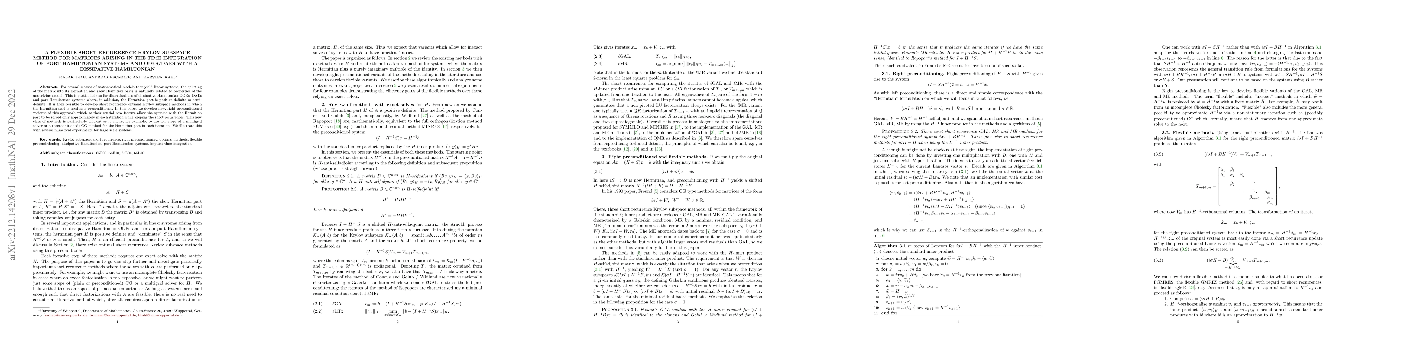 Thumbnail for A flexible short recurrence Krylov subspace method for matrices arising
  in the time integration of port Hamiltonian systems and ODEs/DAEs with a
  dissipative Hamiltonian