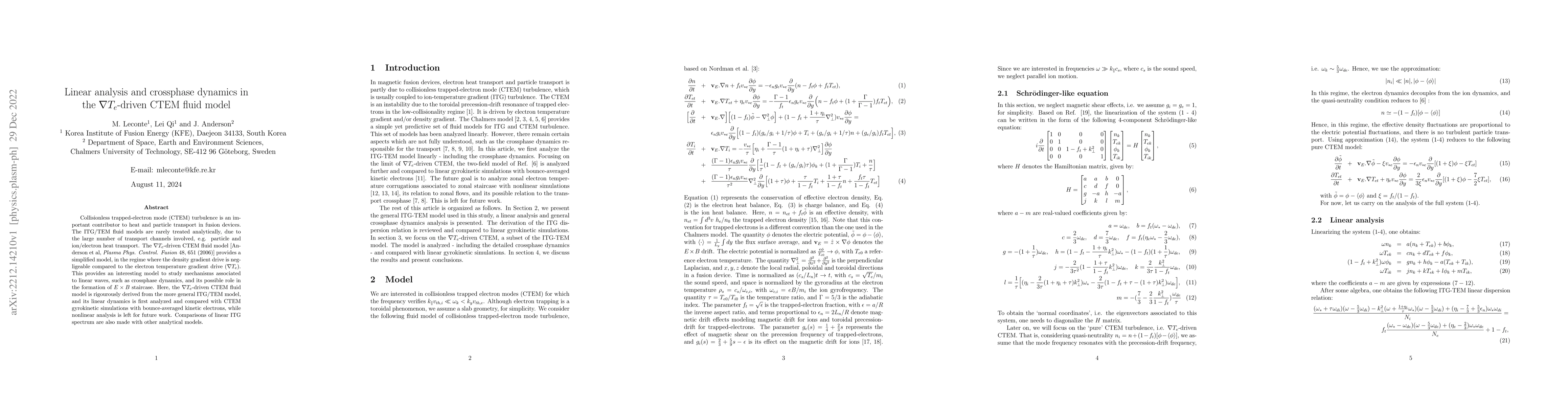Thumbnail for Linear analysis and crossphase dynamics in the $\nabla T_e$-driven CTEM
  fluid model