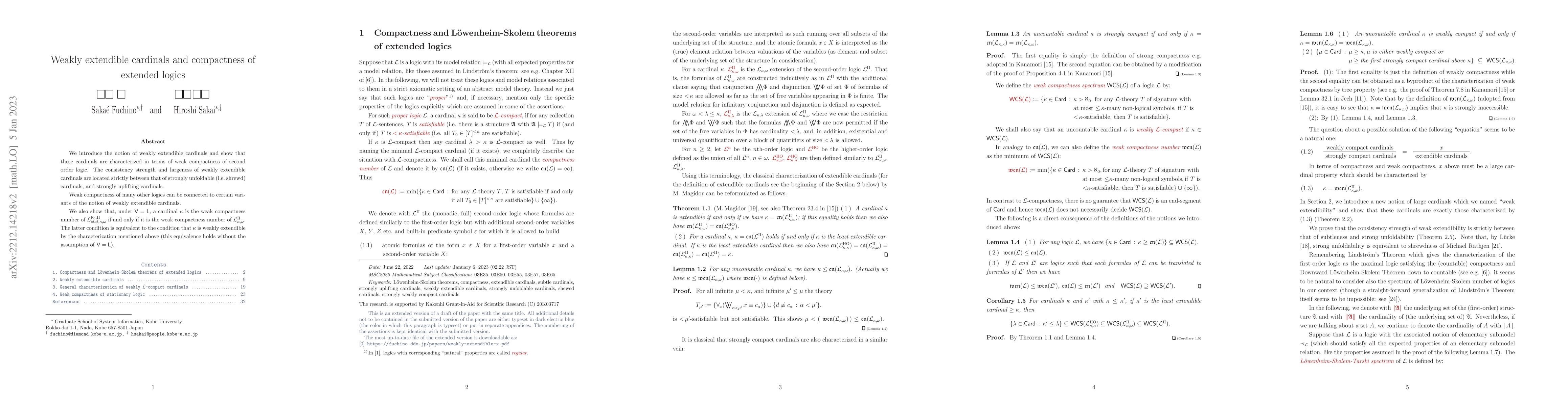 Thumbnail for Weakly extendible cardinals and compactness of extended logics