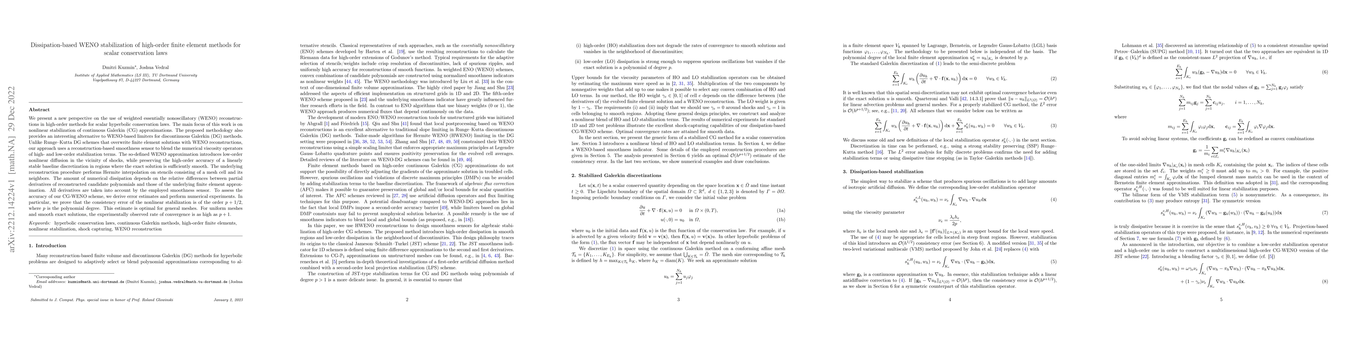 Thumbnail for Dissipation-based WENO stabilization of high-order finite element
  methods for scalar conservation laws