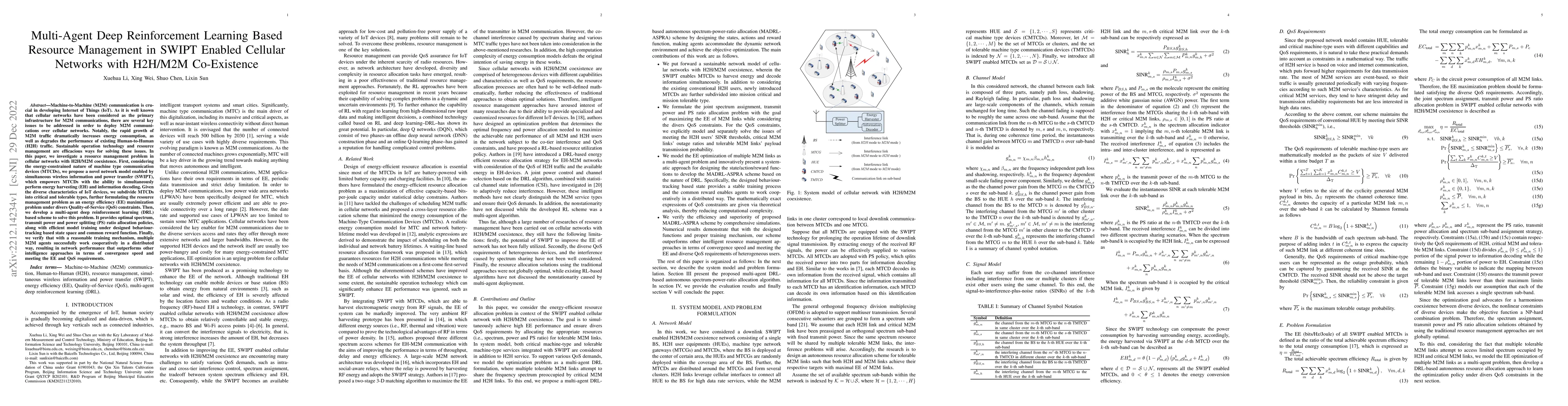 Thumbnail for Multi-Agent Deep Reinforcement Learning Based Resource Management in
  SWIPT Enabled Cellular Networks with H2H/M2M Co-Existence