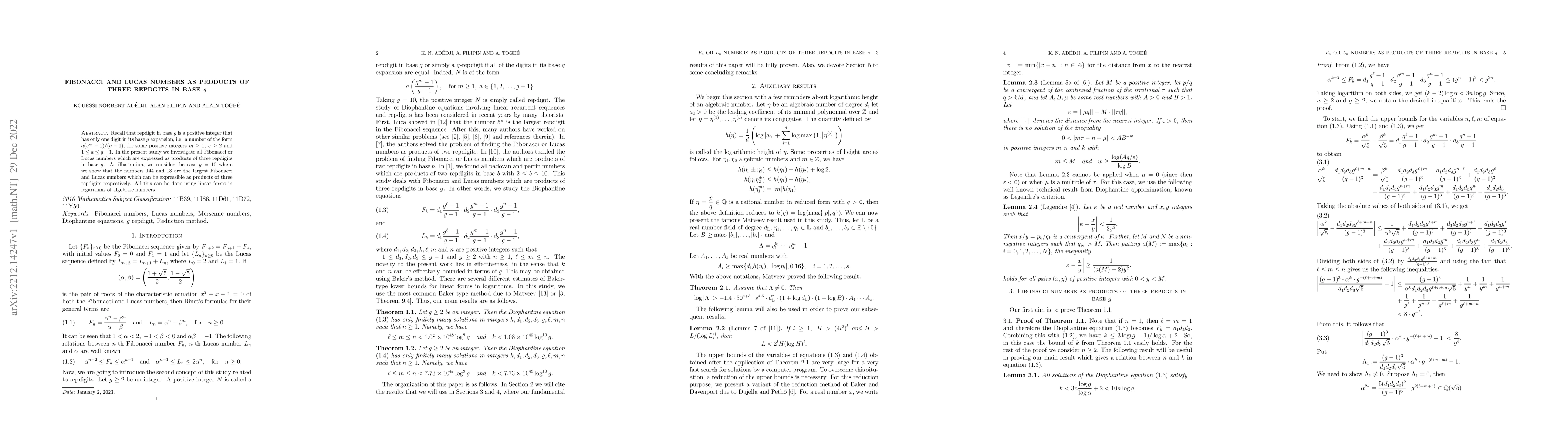 Thumbnail for Fibonacci and Lucas numbers as products of three repdigits in base $g$