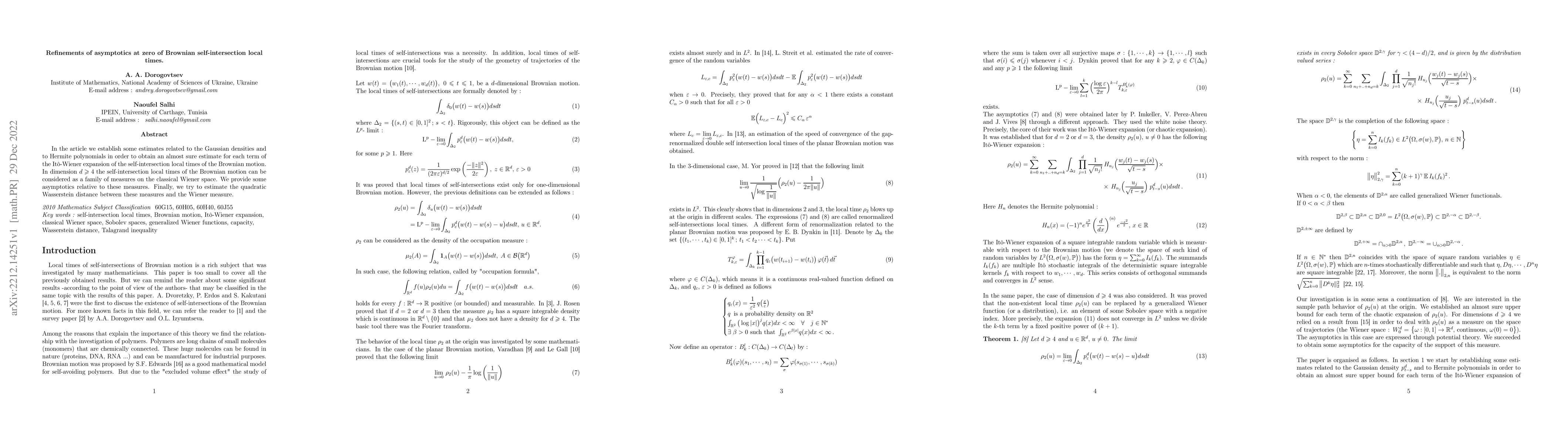 Thumbnail for Refinements of asymptotics at zero of Brownian self-intersection local
  times