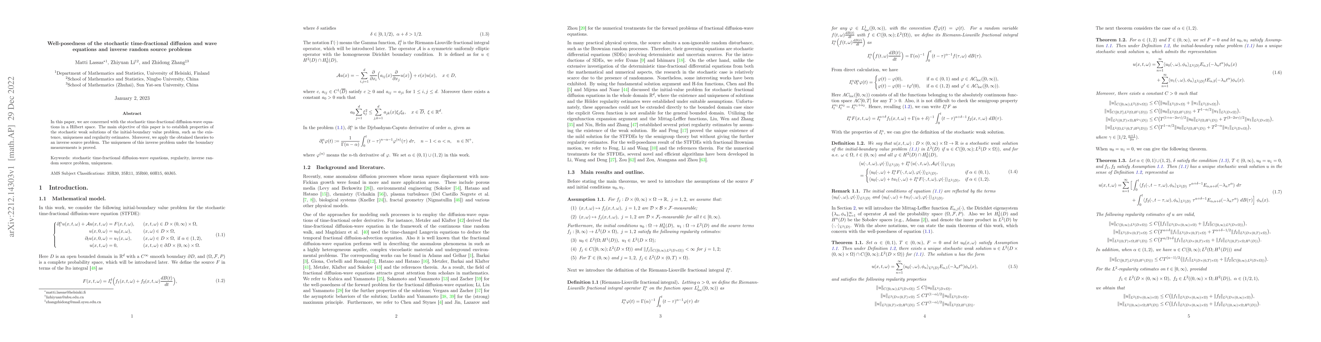 Thumbnail for Well-posedness of the stochastic time-fractional diffusion and wave
  equations and inverse random source problems