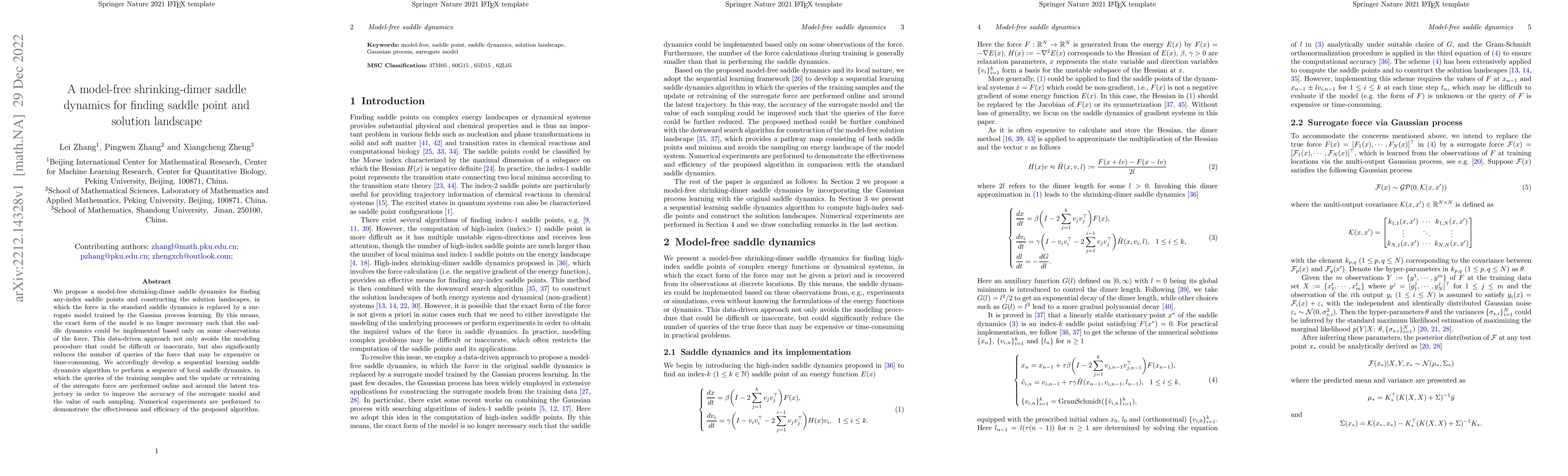 Thumbnail for A model-free shrinking-dimer saddle dynamics for finding saddle point
  and solution landscape