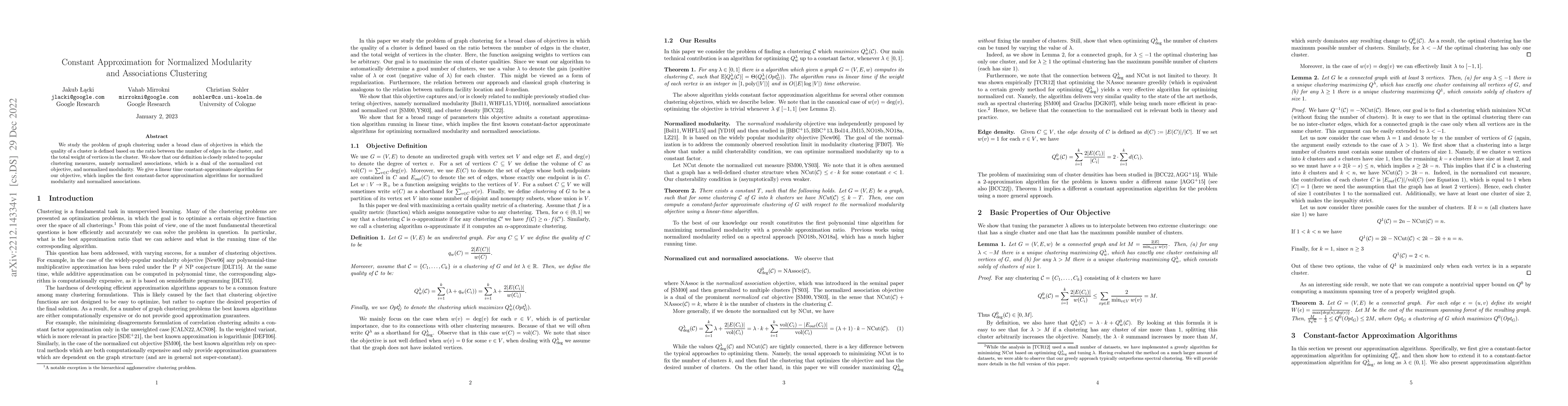 Thumbnail for Constant Approximation for Normalized Modularity and Associations
  Clustering
