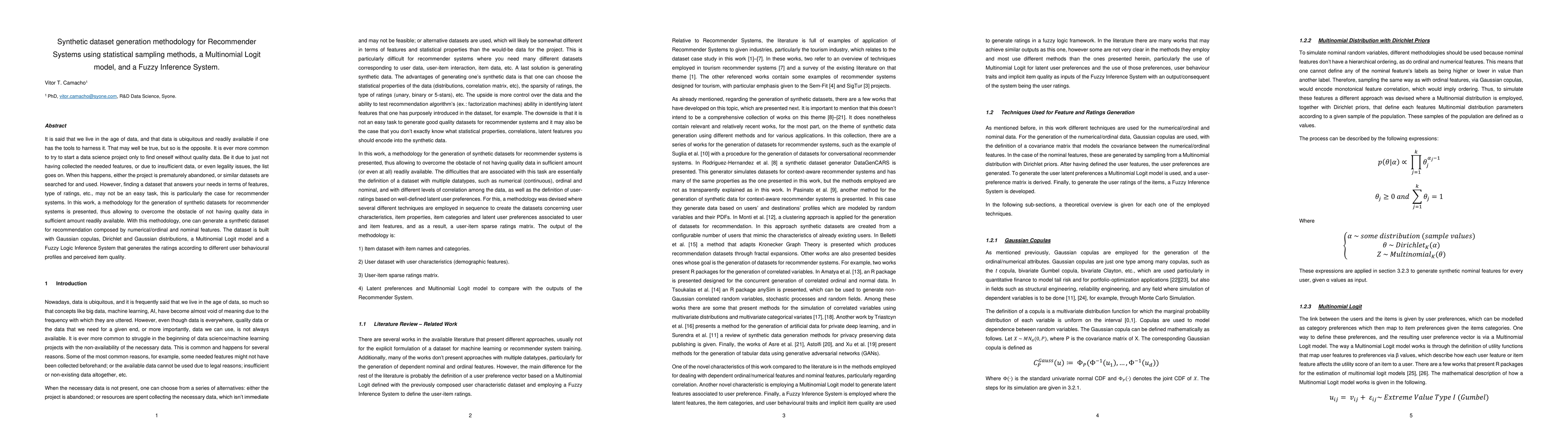 Thumbnail for Synthetic dataset generation methodology for Recommender Systems using
  statistical sampling methods, a Multinomial Logit model, and a Fuzzy
  Inference System