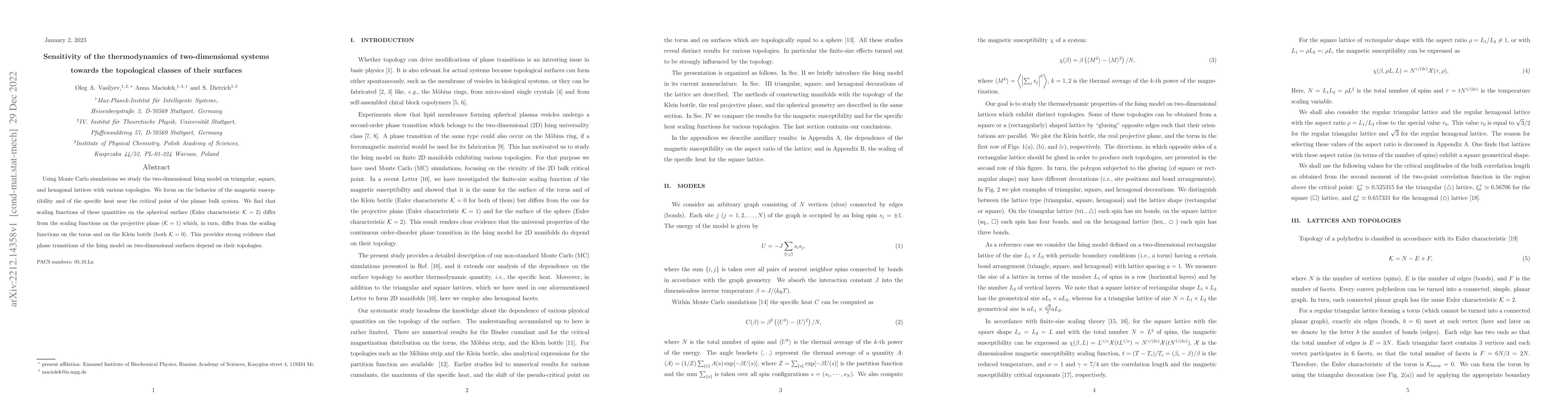 Thumbnail for Sensitivity of the thermodynamics of two-dimensional systems towards the
  topological classes of their surfaces