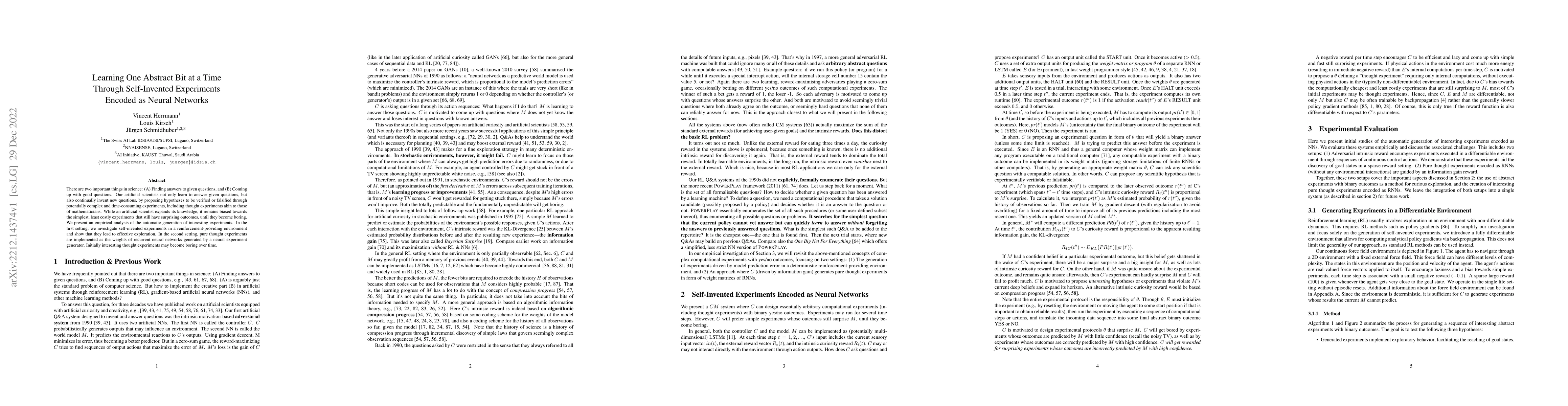 Thumbnail for Learning One Abstract Bit at a Time Through Self-Invented Experiments
  Encoded as Neural Networks