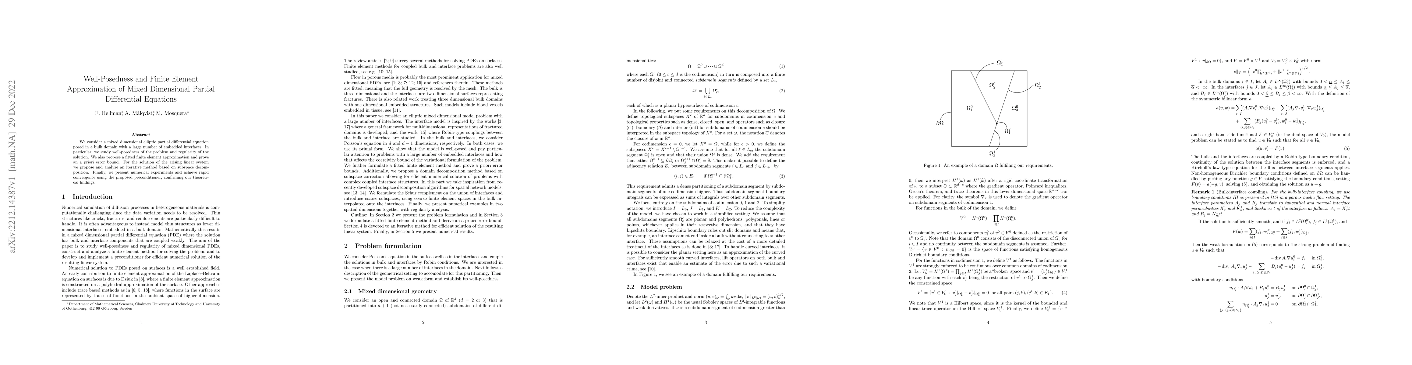 Thumbnail for Well-Posedness and Finite Element Approximation of Mixed Dimensional
  Partial Differential Equations