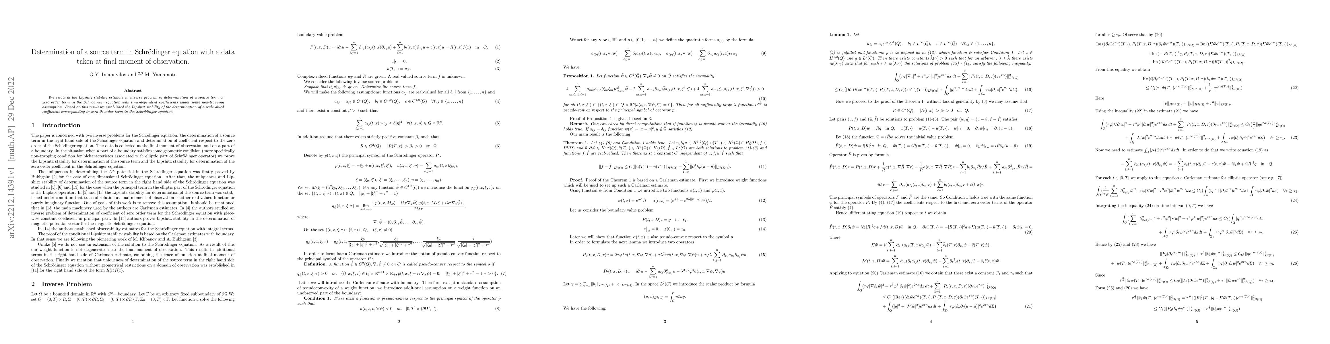 Thumbnail for Determination of a source term in Schr\"odinger equation with a data
  taken at final moment of observation