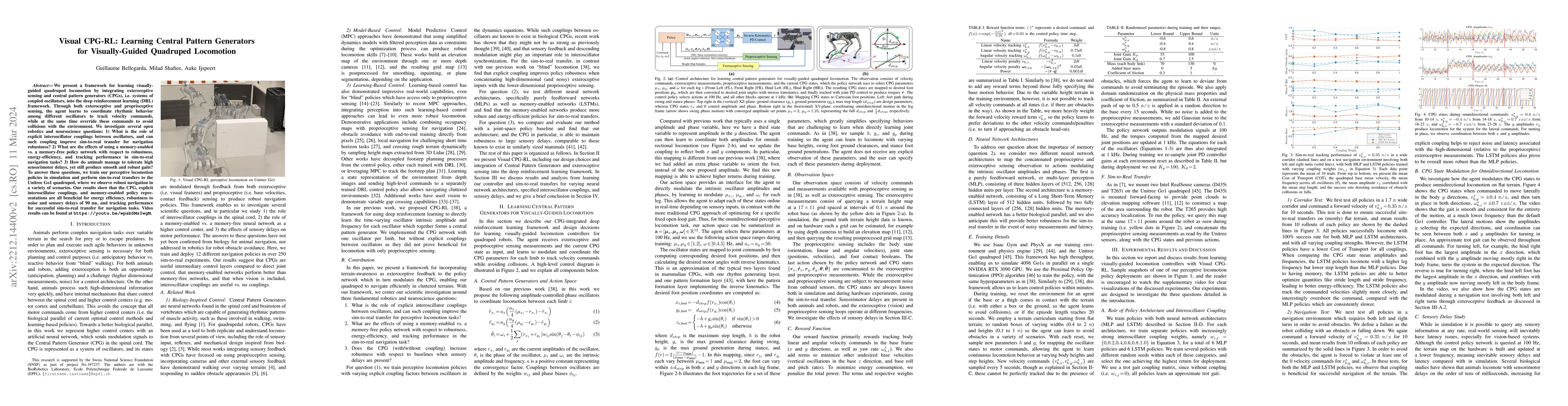 Thumbnail for Visual CPG-RL: Learning Central Pattern Generators for Visually-Guided
  Quadruped Locomotion