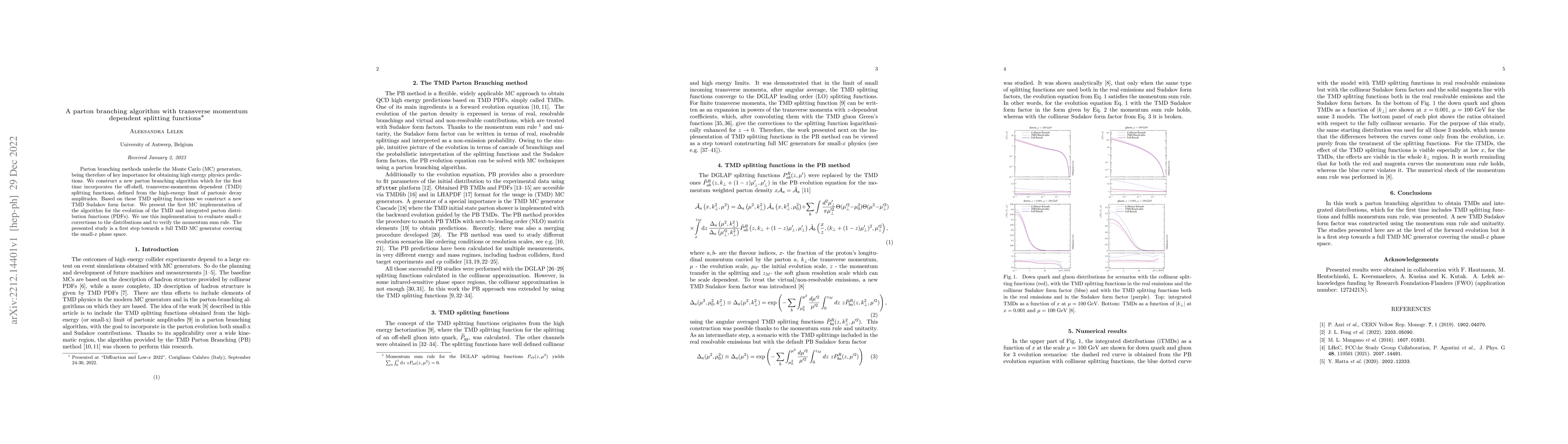 Thumbnail for A parton branching algorithm with transverse momentum dependent
  splitting functions