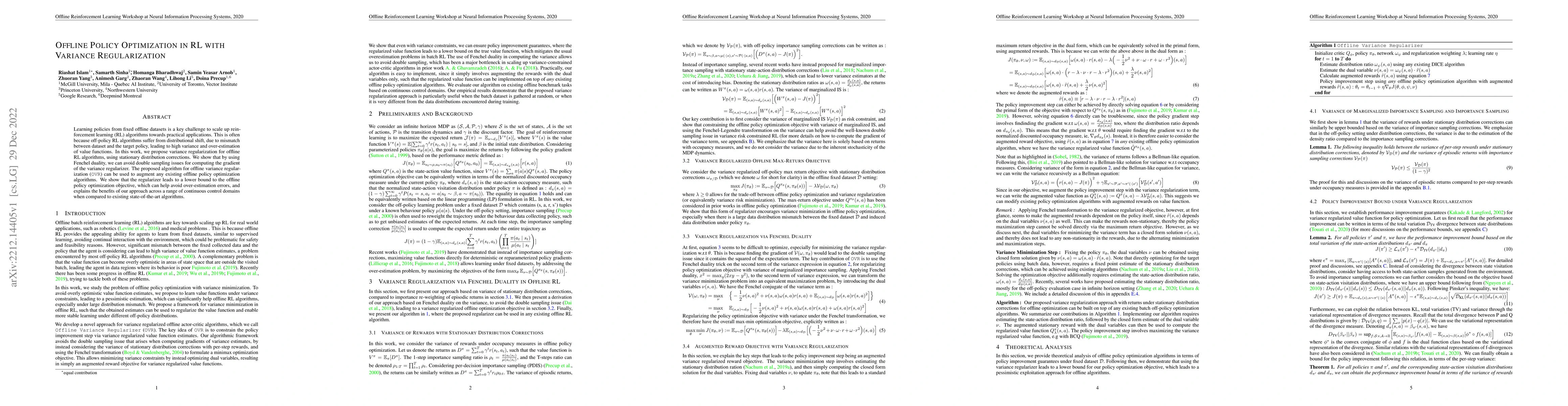 Thumbnail for Offline Policy Optimization in RL with Variance Regularizaton
