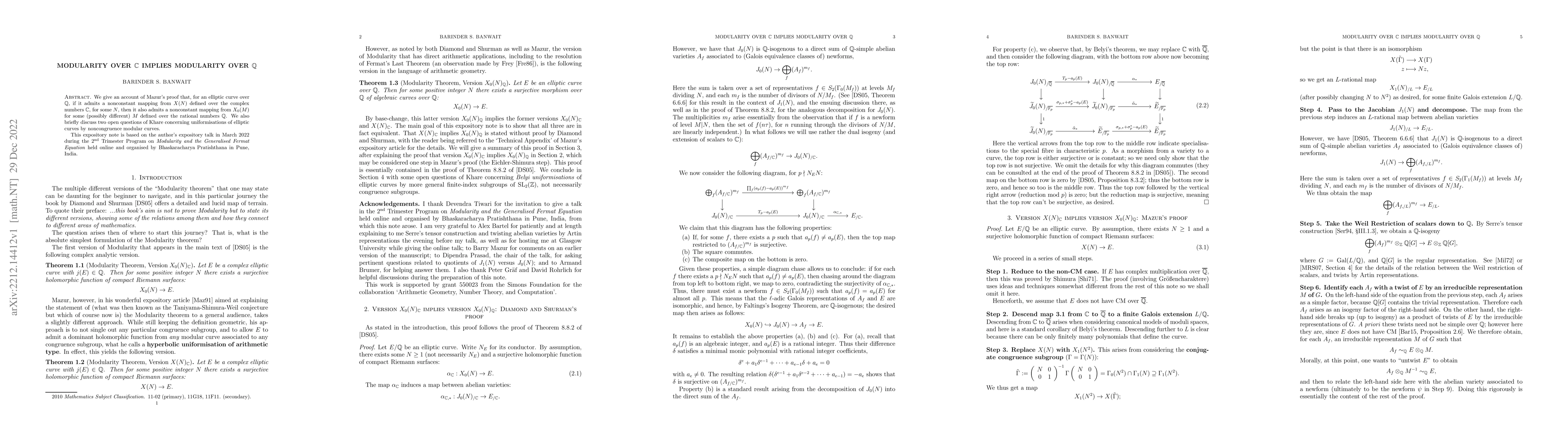 Thumbnail for Modularity over $\mathbb{C}$ implies modularity over $\mathbb{Q}$
