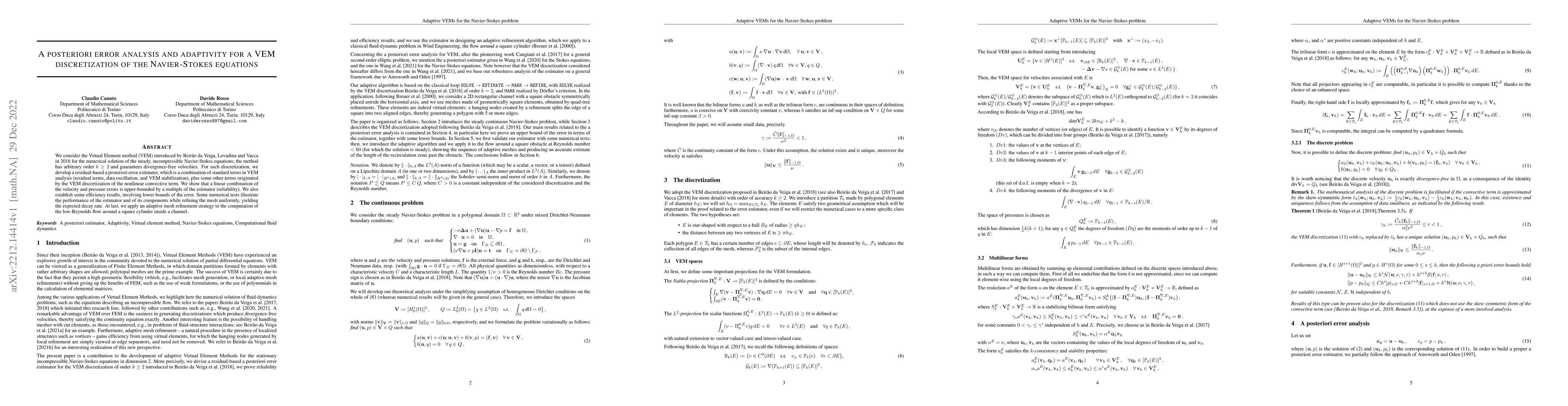 Thumbnail for A posteriori error analysis and adaptivity for a VEM discretization of
  the Navier-Stokes equations