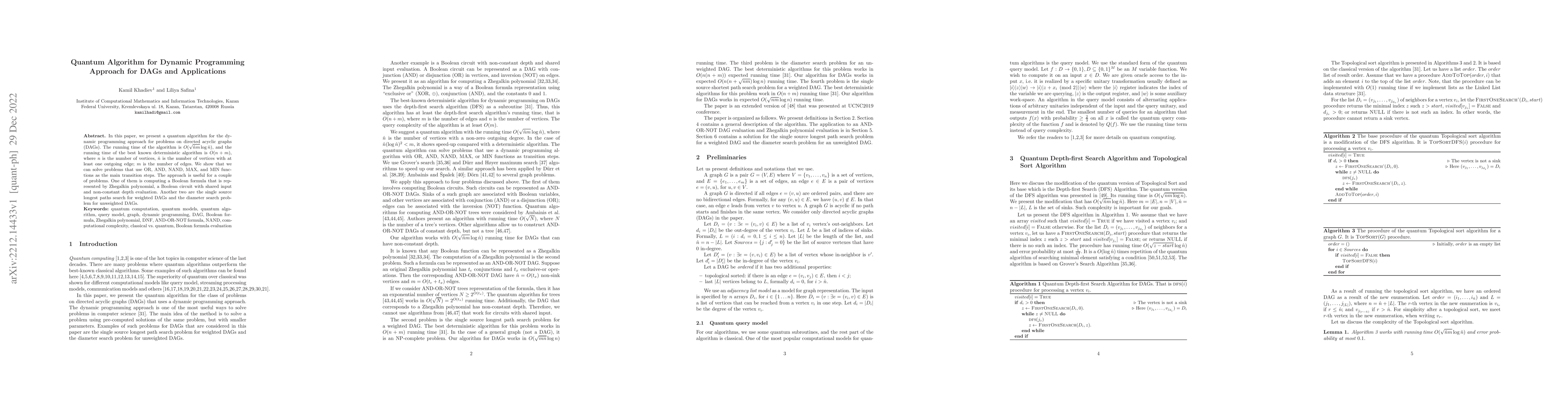 Thumbnail for Quantum Algorithm for Dynamic Programming Approach for DAGs and
  Applications
