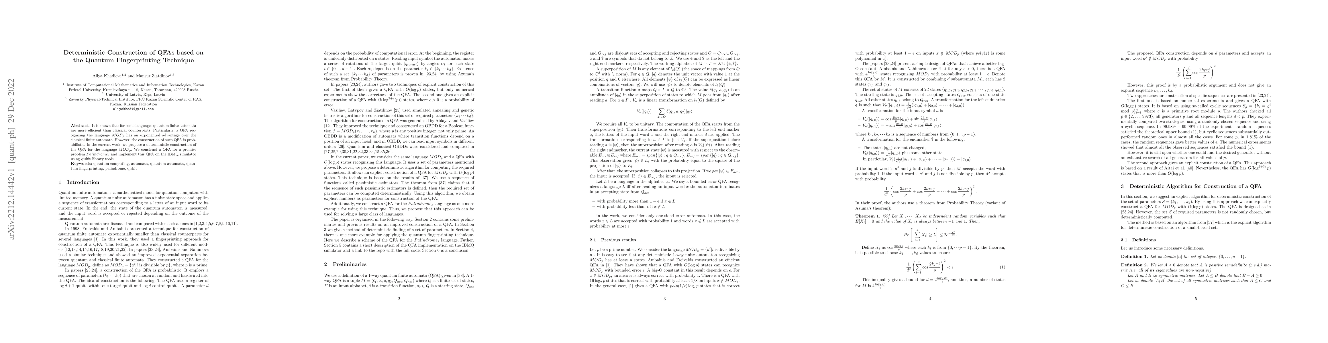 Thumbnail for Deterministic Construction of QFAs based on the Quantum Fingerprinting
  Technique