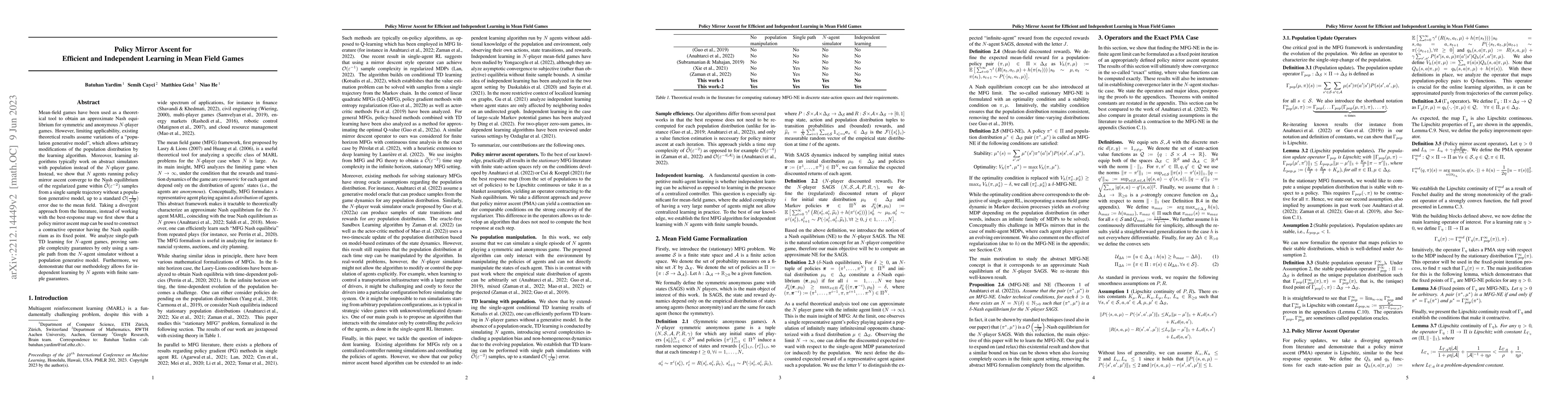 Thumbnail for Policy Mirror Ascent for Efficient and Independent Learning in Mean
  Field Games
