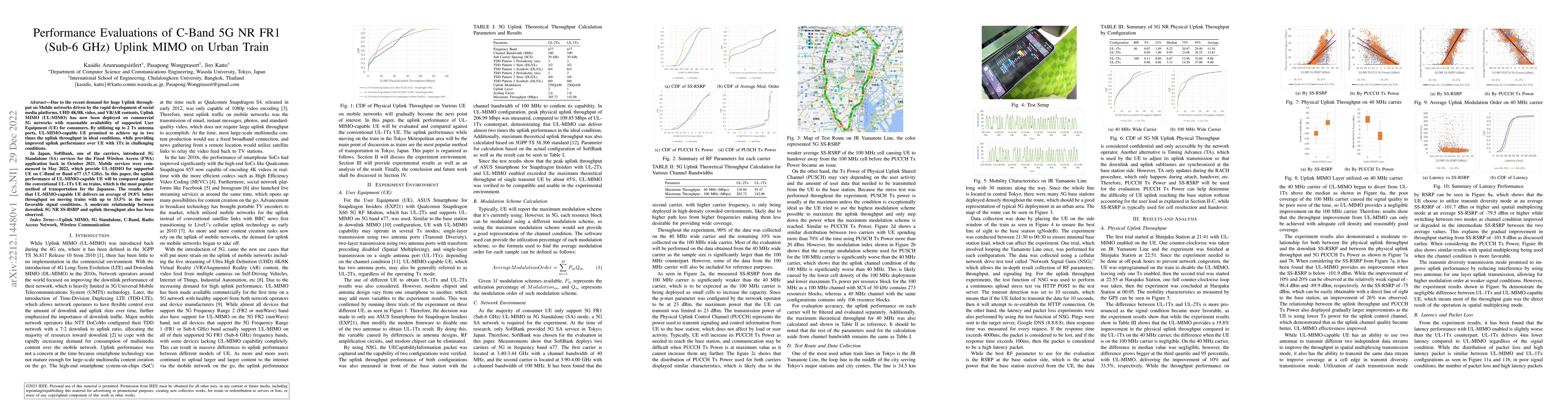 Thumbnail for Performance Evaluations of C-Band 5G NR FR1 (Sub-6 GHz) Uplink MIMO on
  Urban Train