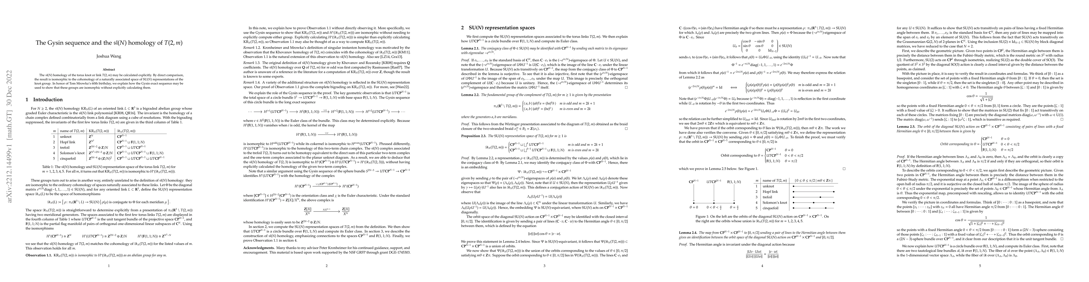 Thumbnail for The Gysin sequence and the sl(N) homology of T(2,m)