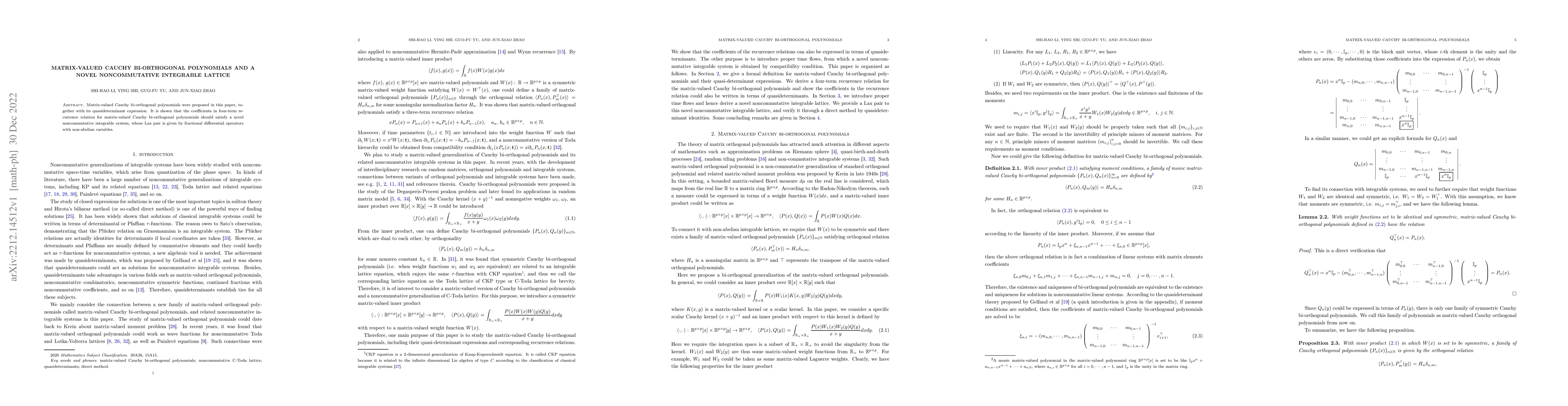 Thumbnail for Matrix-valued Cauchy bi-orthogonal polynomials and a novel
  noncommutative integrable lattice
