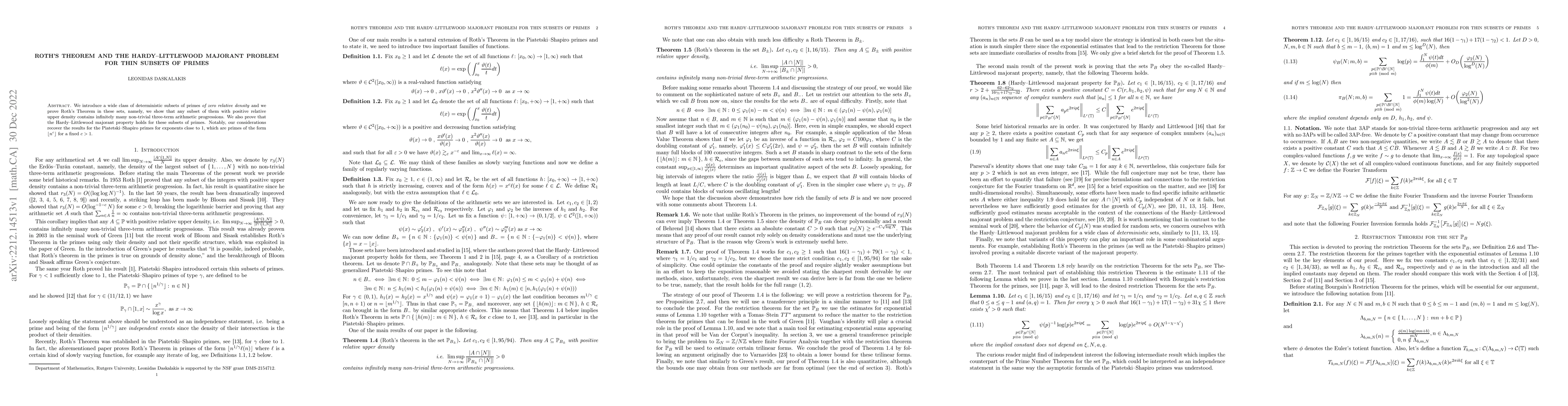 Thumbnail for Roth's Theorem and the Hardy--Littlewood majorant problem for thin
  subsets of primes