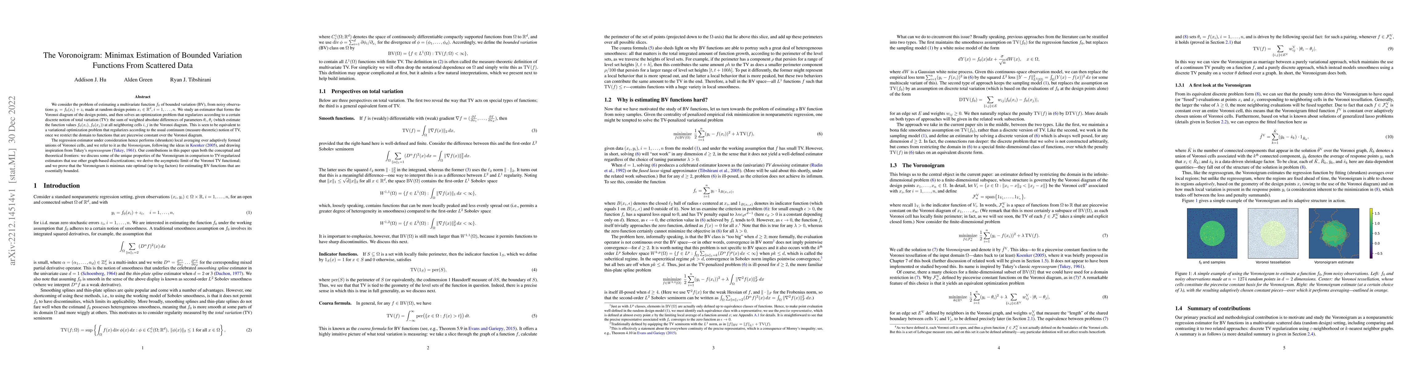 Thumbnail for The Voronoigram: Minimax Estimation of Bounded Variation Functions From
  Scattered Data